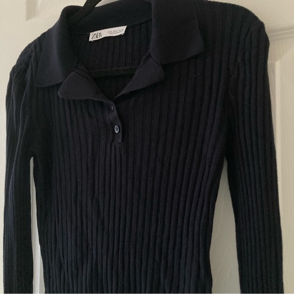 Zara Long Sleeved Collared Ribbed Polo Shirt, size S, Black - Picture 2 of 7